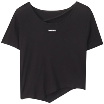 Woman wearing Irregular Design Short Sleeve Crop Top in casual setting