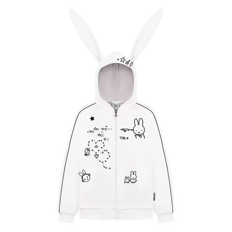 Woman wearing Embroidery Long Ear Hooded Zip-Up Hoodie in casual street setting