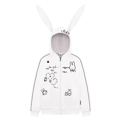 Woman wearing Embroidery Long Ear Hooded Zip-Up Hoodie in casual street setting