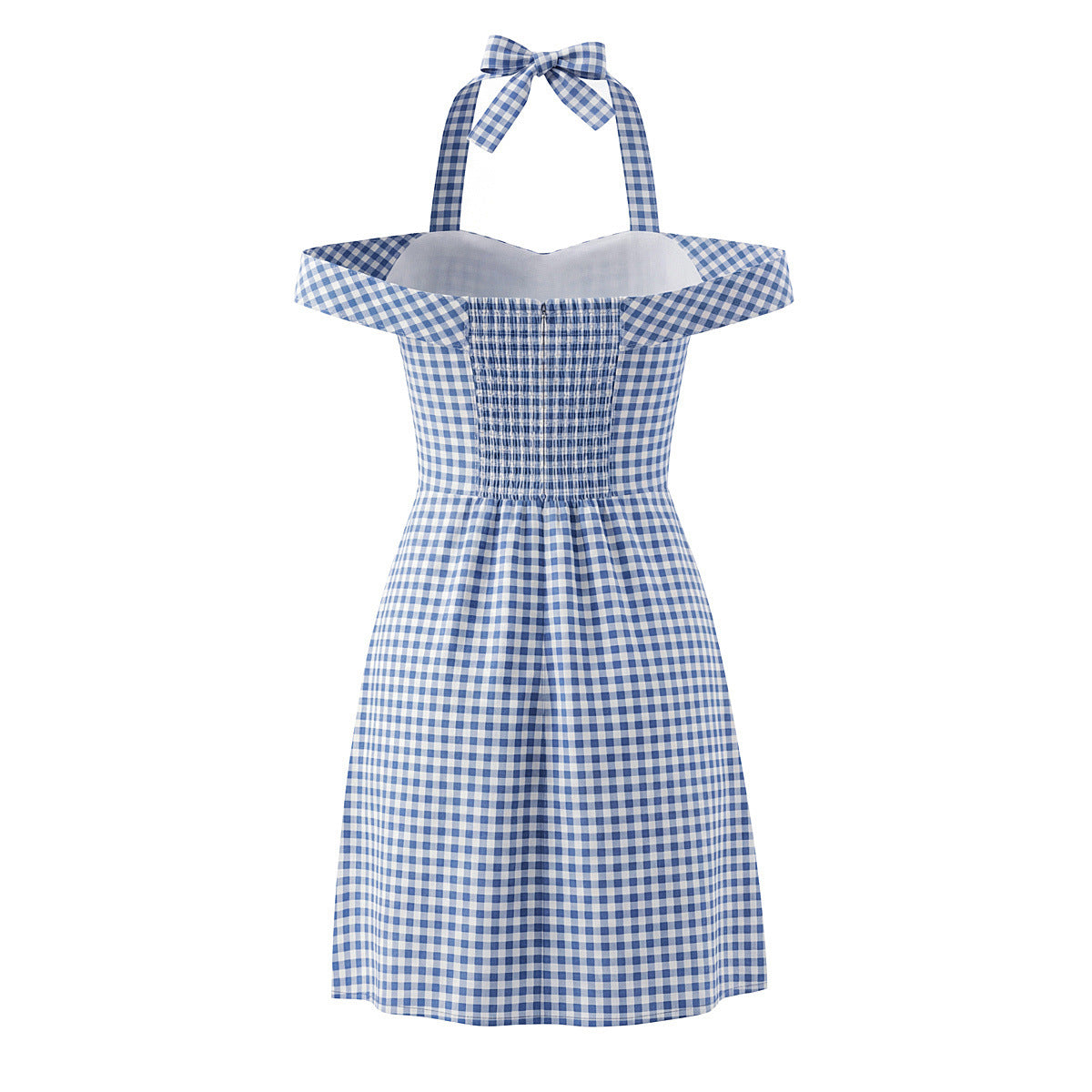 Woman wearing Plaid Bow Tie Neckline Bodycon Dress in an elegant setting