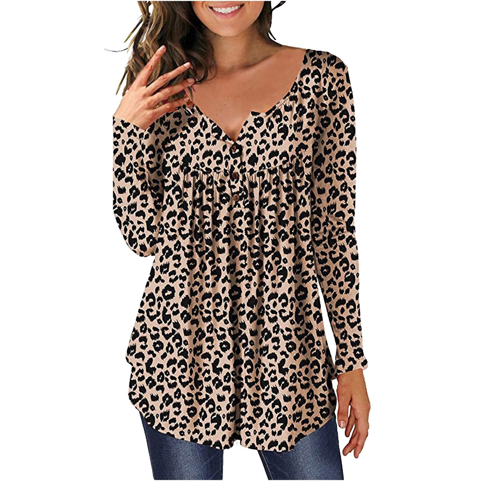 Woman wearing Floral Printed Tunic Shirt in a spring setting