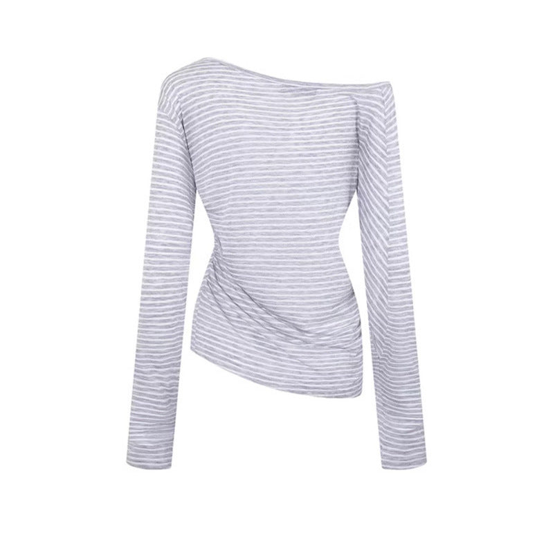 Woman wearing Stripe Graffiti Off Shoulder Long Sleeve Tee in an urban setting
