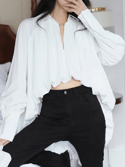 Elegant White Lapel Blouse for Women | Tajstylo