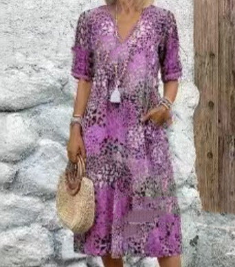 Woman wearing Color Blocked Lace Trim V Neck Short Sleeve Dress in a sunny outdoor setting