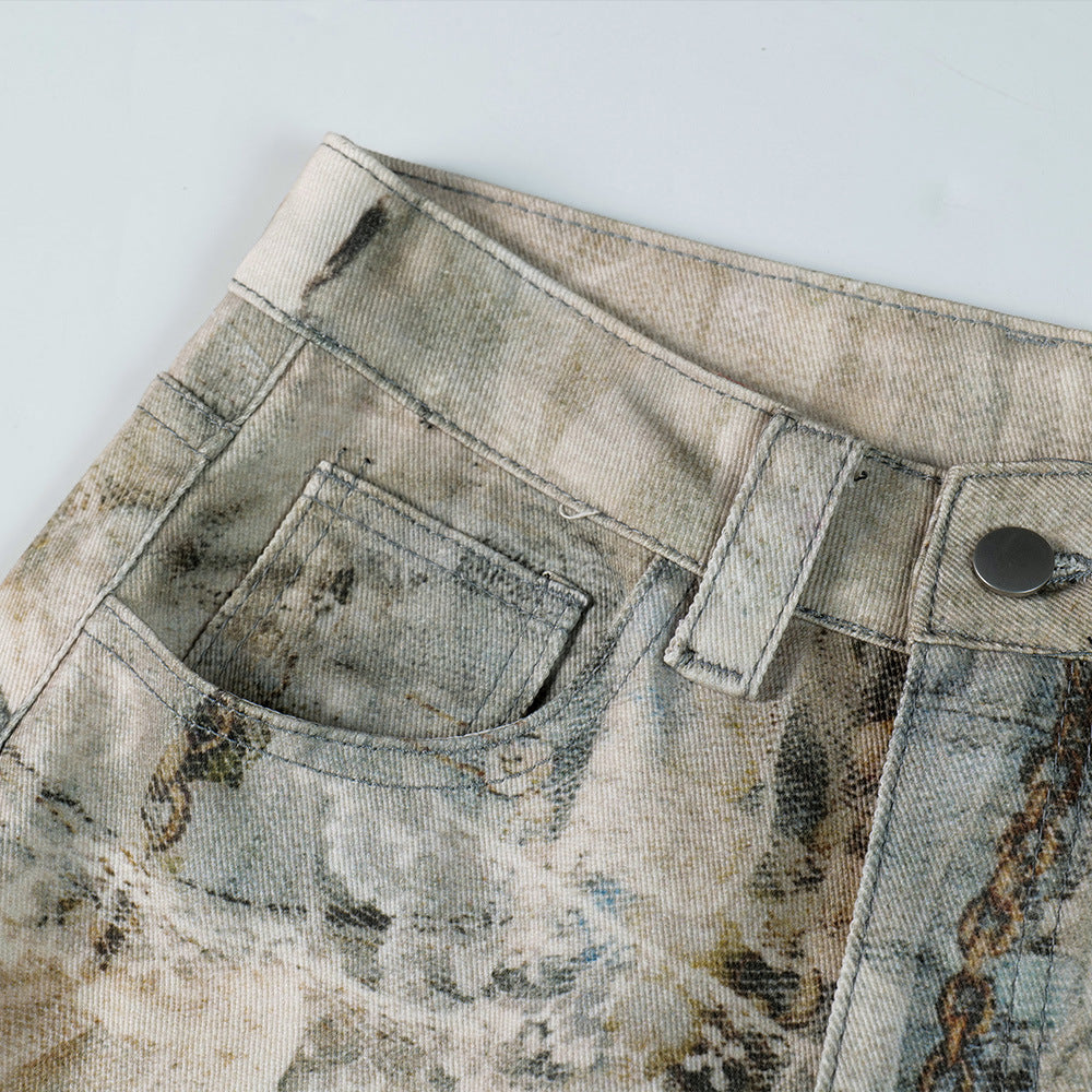 Woman wearing 3D Digital Printed Chain Wide Leg Denim Pants in an urban setting