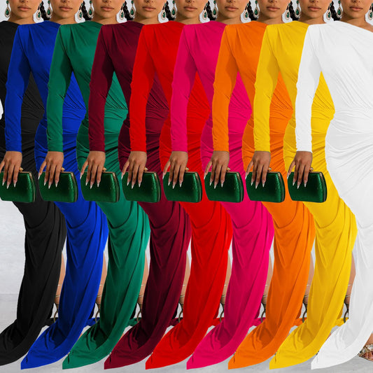 Woman wearing Asymmetric Neck Single Long Sleeve Maxi Dress in a stylish setting