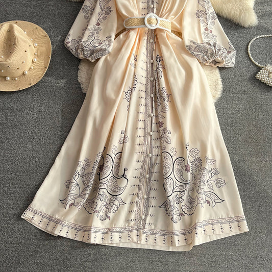Vintage Puff Sleeve Printed Dress | Tajstylo