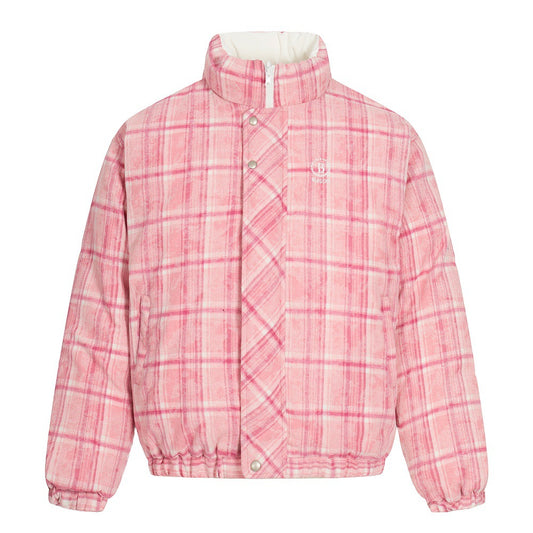 Woman wearing Double Sided Plaid Stand Collar Jacket in a casual outdoor setting