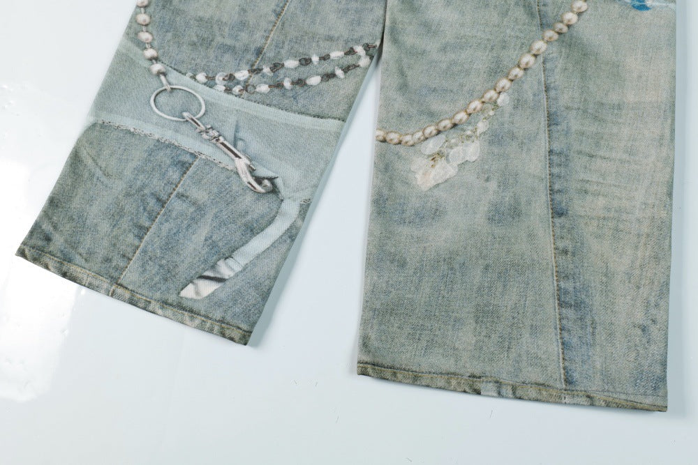 3D Digital Printed Chain Wide Leg Denim Pants | Tajstylo
