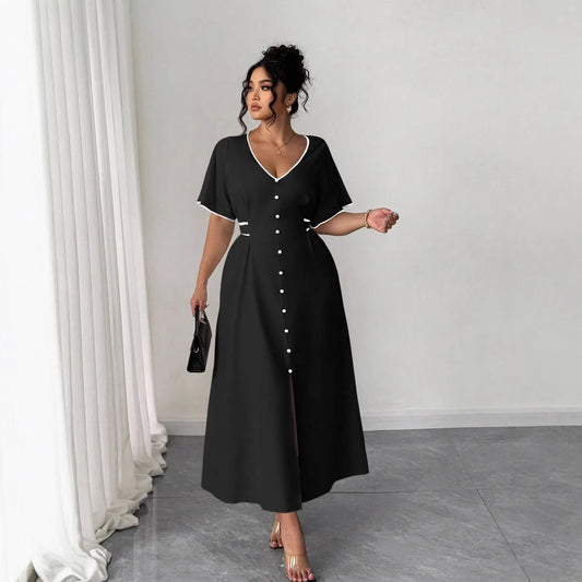 V-Neck Color-Blocked Button-Up Dress | Tajstylo