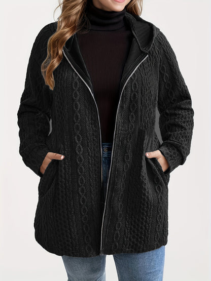 Woman wearing Solid Color Loose Zip Hoodie in a casual setting