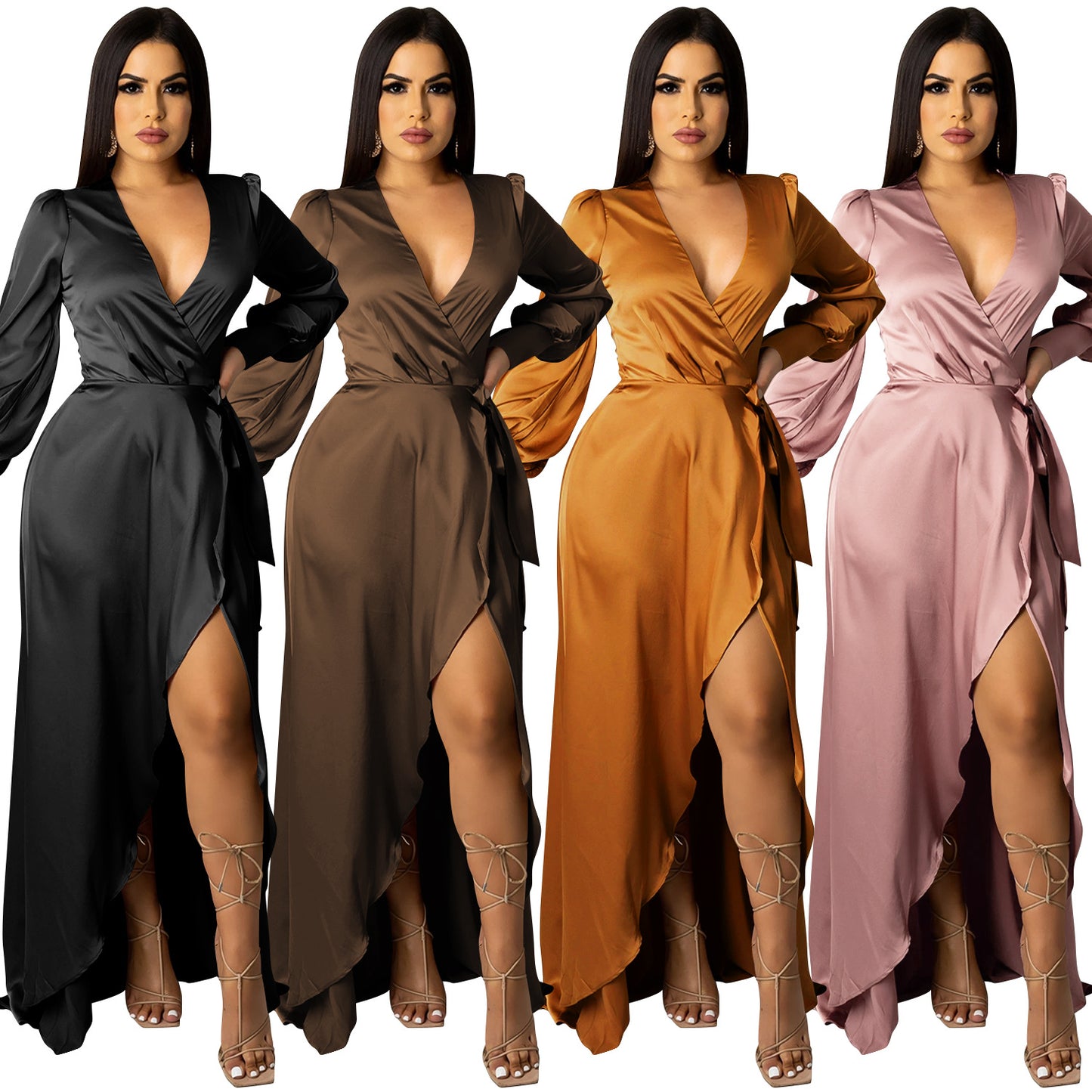 Woman wearing Deep V Neck Bandage Maxi Dress in a stylish setting