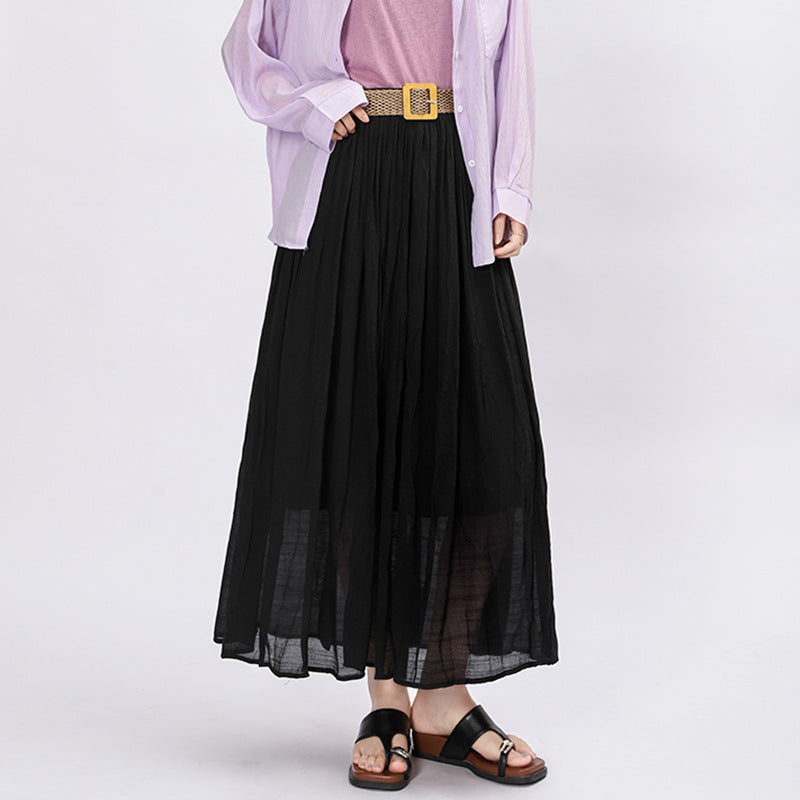 Woman wearing Solid Color A-Line Skirt in a casual outdoor setting