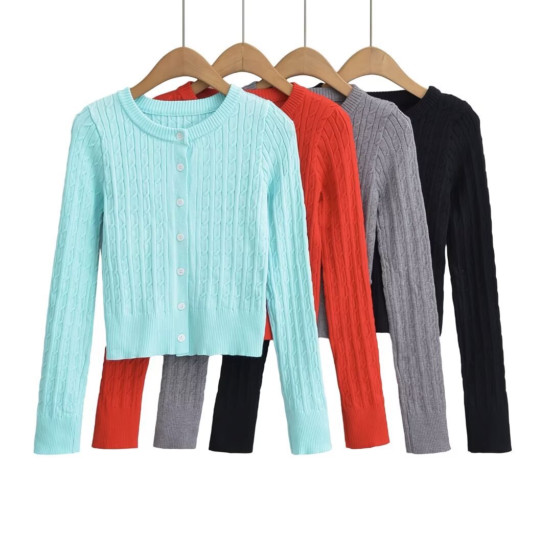 Woman wearing Round Neck Long Sleeve Cardigan Sweater in a stylish setting