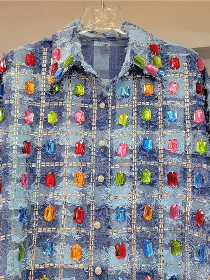 Woman wearing Colorful Studded Tassel Blouse in a casual setting