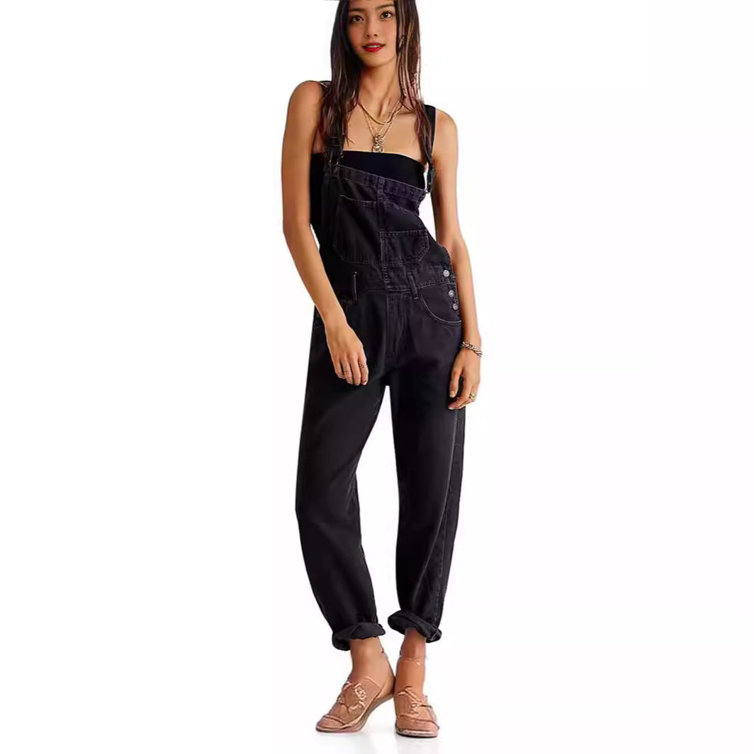 Woman wearing Strap Denim Pants in a casual setting