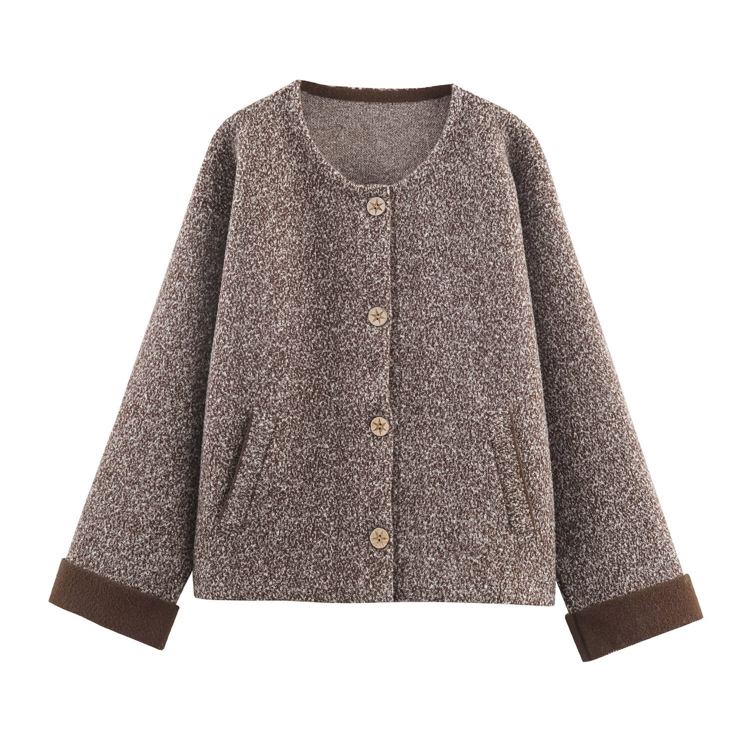 Woman wearing Flower Yarn Cocoon Sweater Jacket in a cozy setting