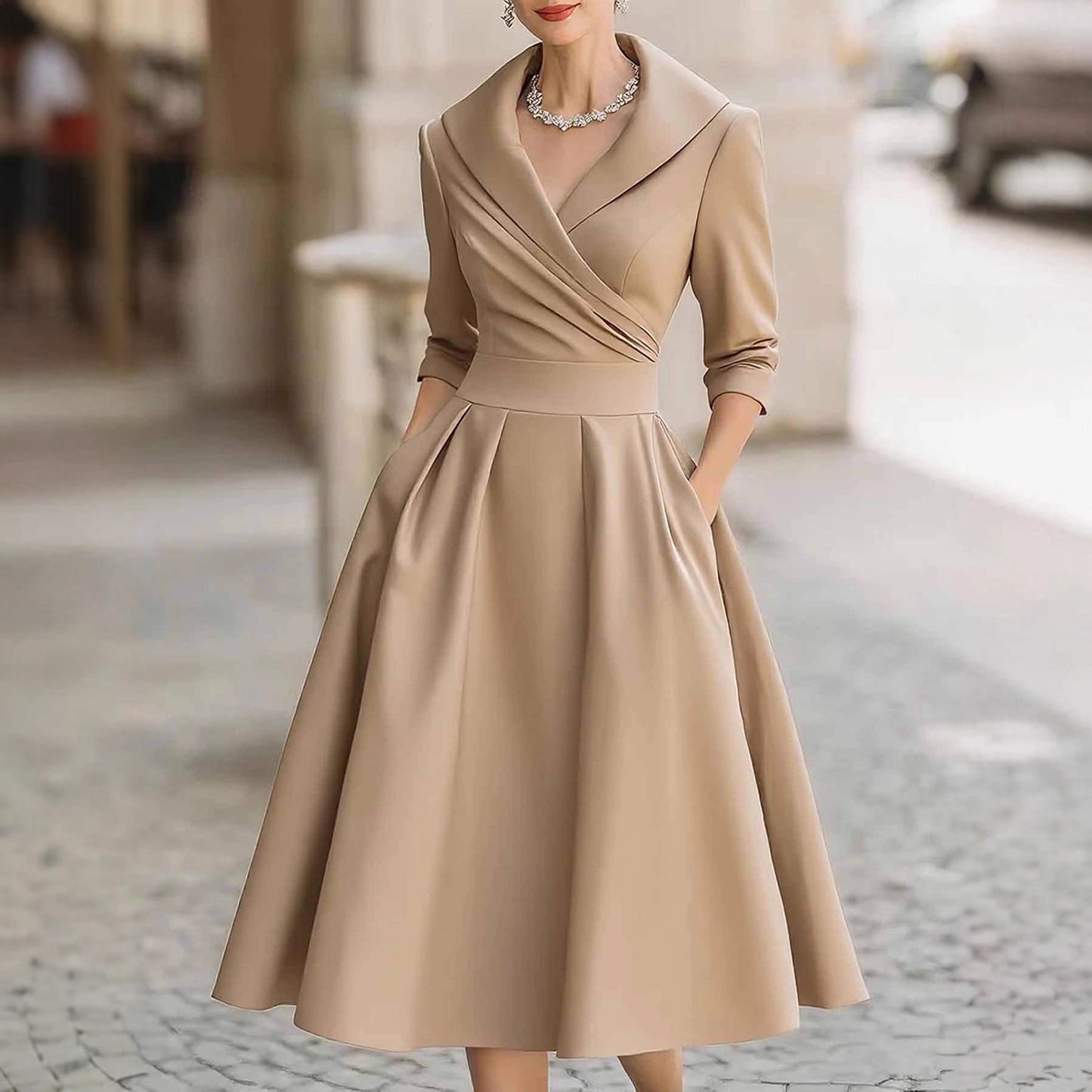 Satin Belted Long Sleeve Midi Dress | Tajstylo