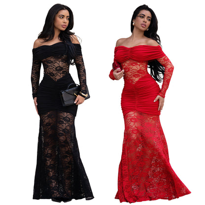 Woman wearing One-Shoulder Lace Bodycon Dress in an elegant setting