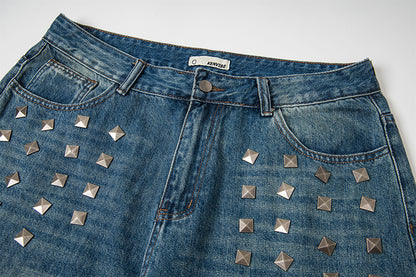 Edgy Square Stud Denim Pants | Tajstylo