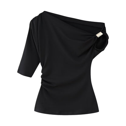 Woman wearing Asymmetric Simple Top in a casual setting