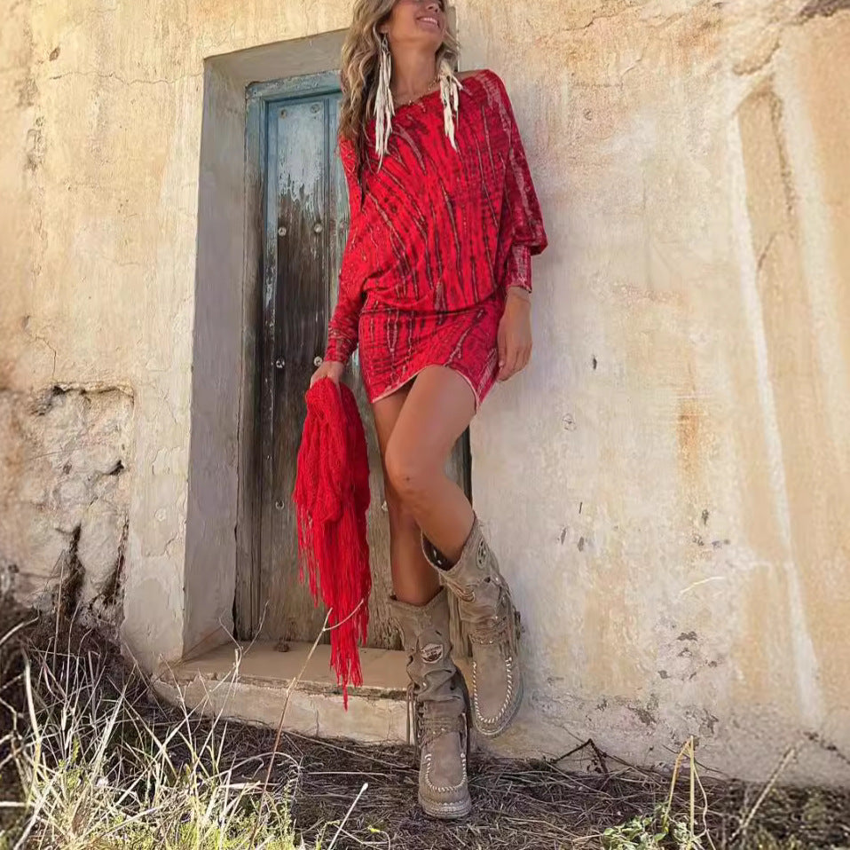 Woman wearing One-Shoulder Batwing Sleeve Bodycon Mini Dress in a vibrant setting