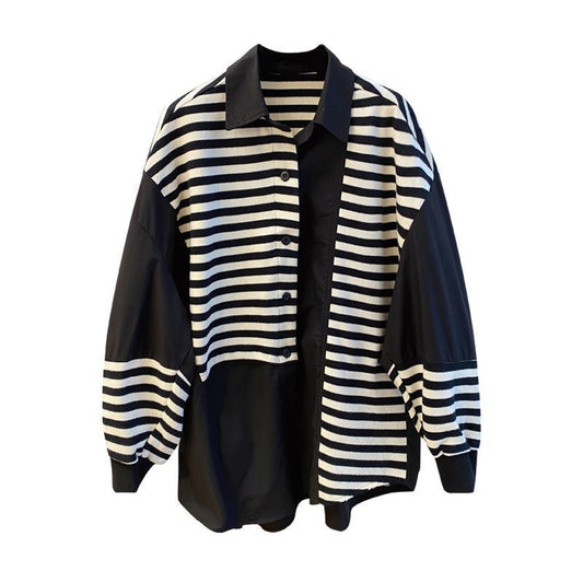 Woman wearing Patchwork Dual Sweatshirt Contrast Stripe Hoodie in a casual setting