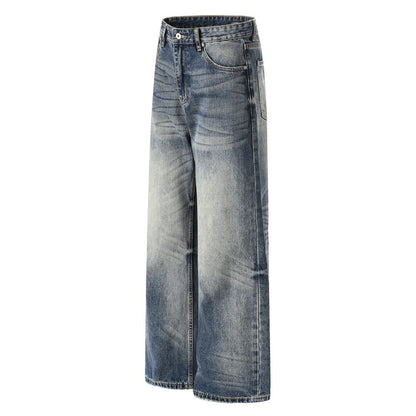 Woman wearing Washed Blue Straight Leg Denim Pants in a casual setting