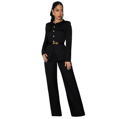 Slimming Belted Long Sleeve Top and Pants Set | Tajstylo