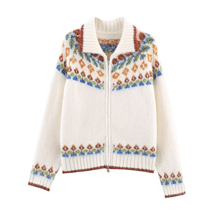 Woman wearing Jacquard Double Pull Knitted Cardigan Jacket in a casual setting