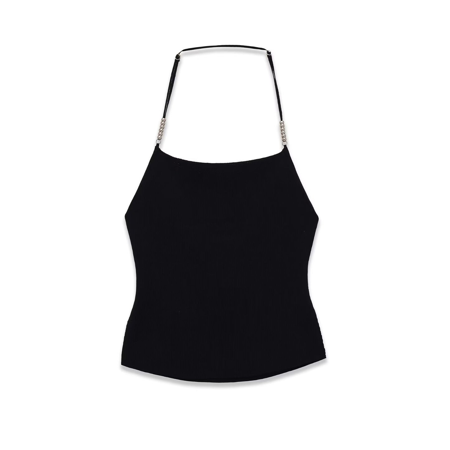 Woman wearing Backless Adjustable Metal Ball Slim Shoulder Top in a chic urban setting
