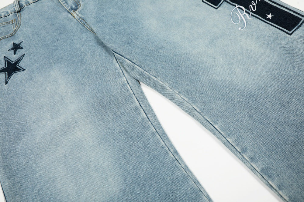 Five Pointed Star Embroidered Denim Cargo Pants | Tajstylo