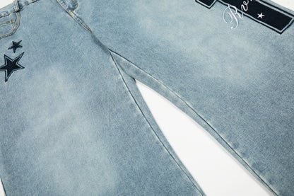 Five Pointed Star Embroidered Denim Cargo Pants | Tajstylo