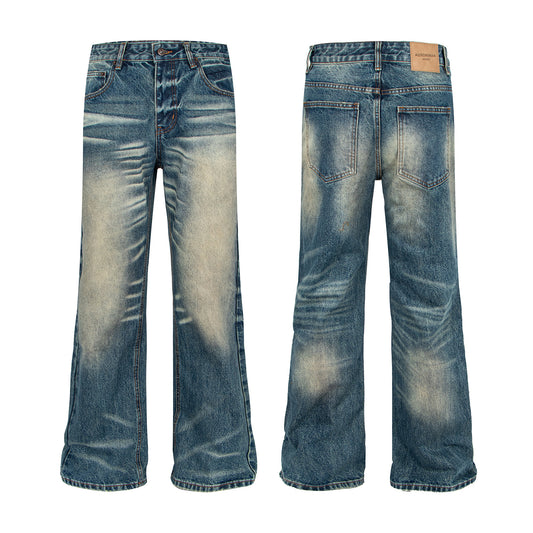 Woman wearing Distressed Deep Blue Flared Jeans in a casual setting