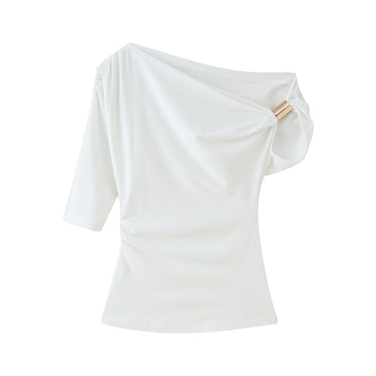 Woman wearing Asymmetric Simple Top in a casual setting