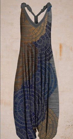 Woman wearing Printed Sleeveless Loose Knit Overalls in a city setting