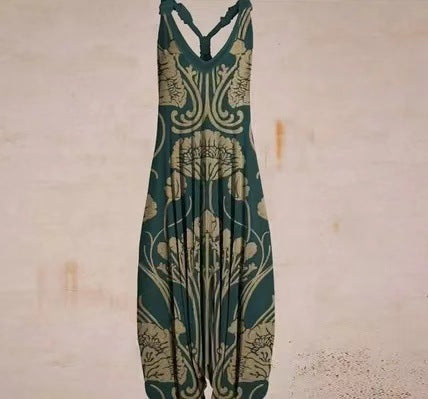 Woman wearing Printed Sleeveless Loose Knit Overalls in a city setting