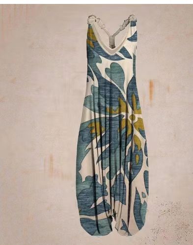 Woman wearing Printed Sleeveless Loose Knit Overalls in a city setting