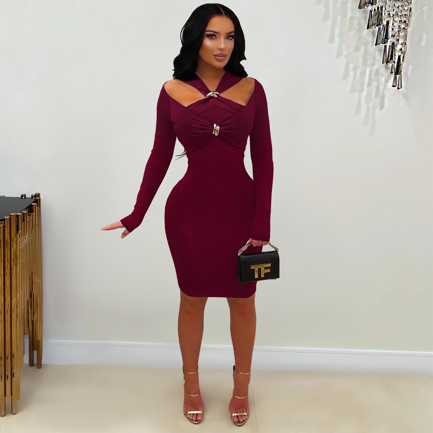Woman wearing Solid Colour V-Neck Bodycon Midi Dress in a chic setting