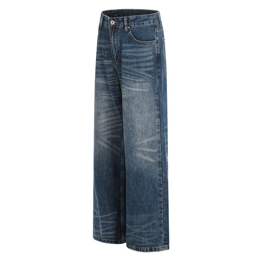 Woman wearing Street Fashion Washed Denim Wide Leg Pants in urban setting