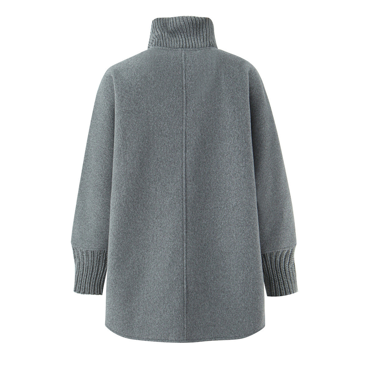 Woman wearing Stand Collar Knitted Patchwork Jacket in a casual setting