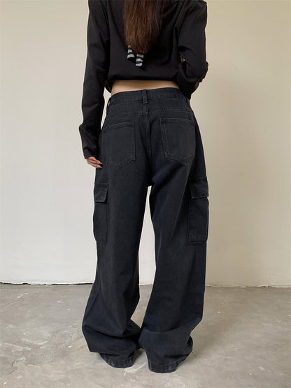 Woman wearing Street Style Cargo Denim Pants in an urban setting