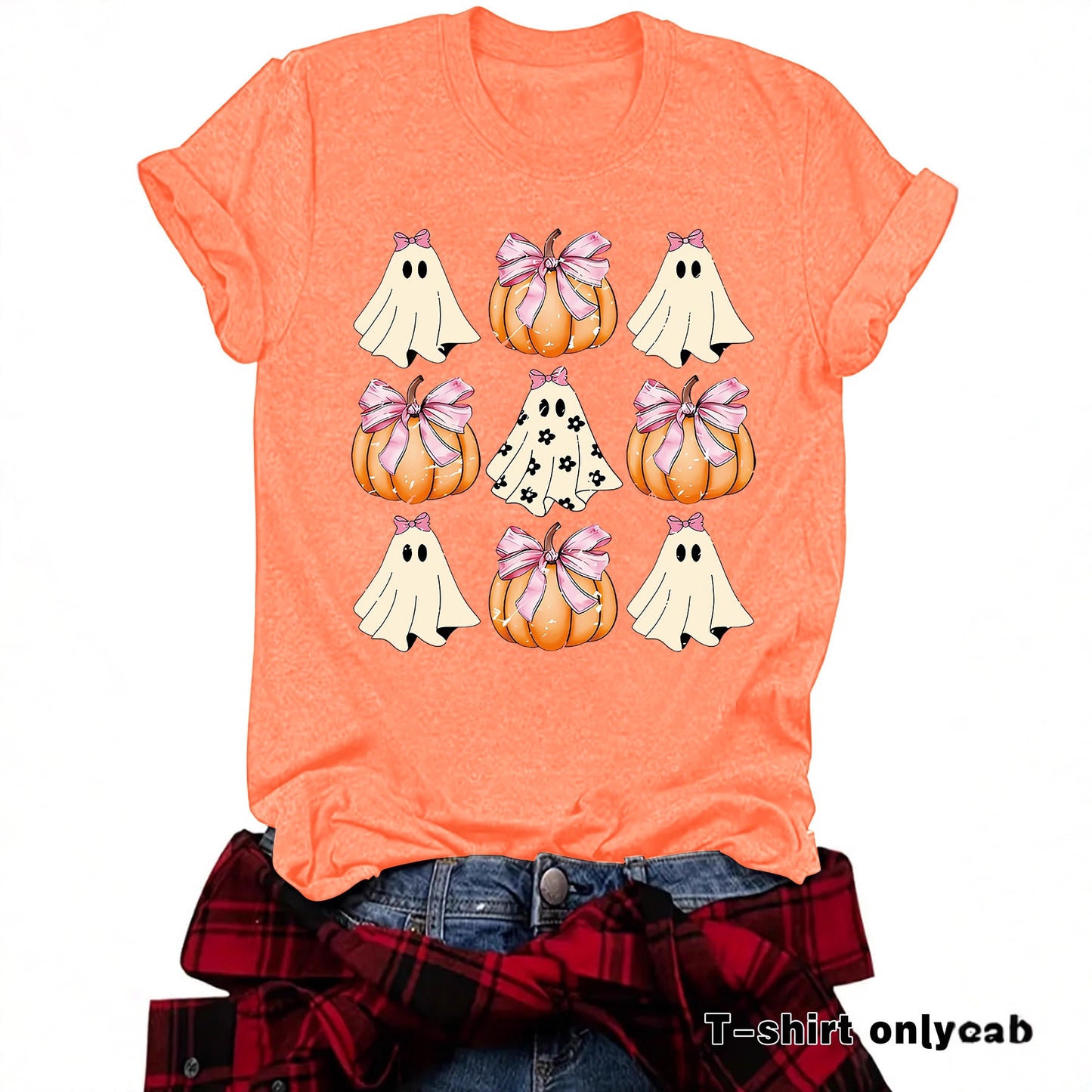Woman wearing Funny Coquette Bow Pumpkin T-Shirt in a casual setting