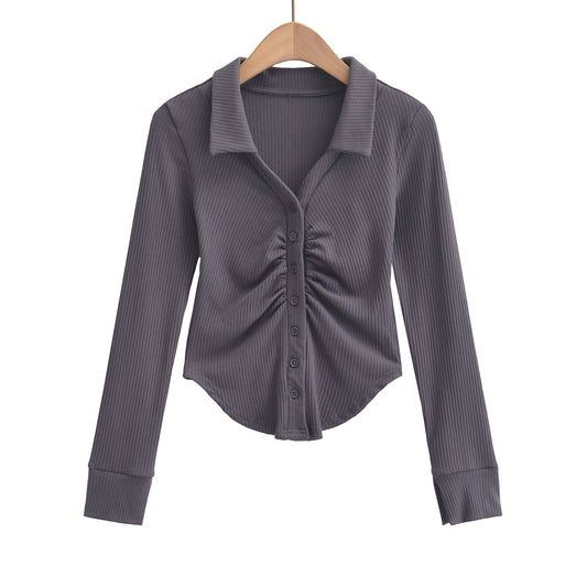 Woman wearing Polo Collar Long Sleeve Top in a casual setting