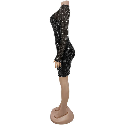 Sexy Mesh Rhinestone Bodycon Mini Dress | Tajstylo
