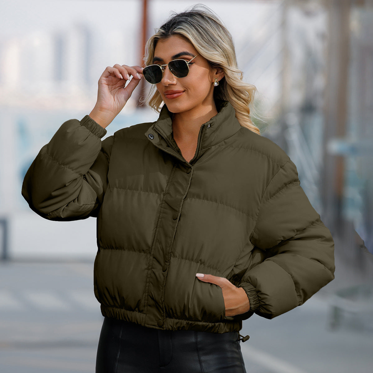 Woman wearing High Neck Loose Fit Long Sleeve Jacket in a casual outdoor setting