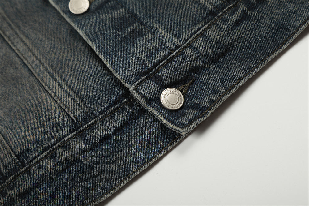 Distressed Denim Jacket with Flip Collar | Tajstylo