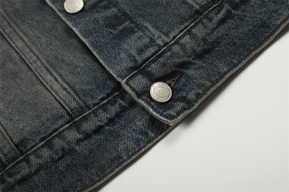 Distressed Denim Jacket with Flip Collar | Tajstylo