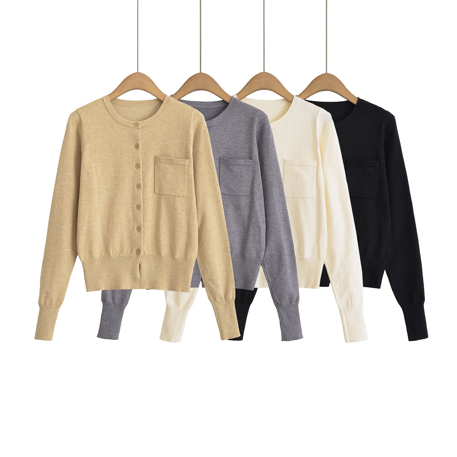 Woman wearing Round Neck Long Sleeve Shirt with Pocket in a casual setting