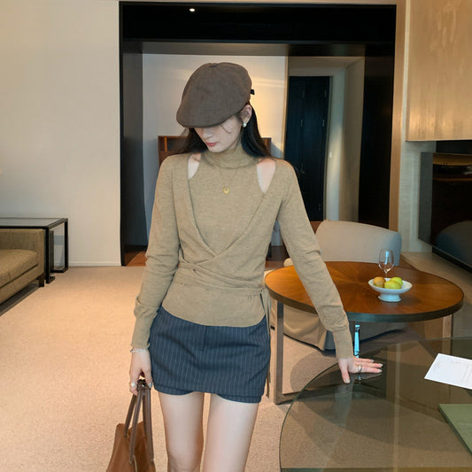 Woman wearing Mock Two-Piece Off-Shoulder Knit Top in a stylish urban setting